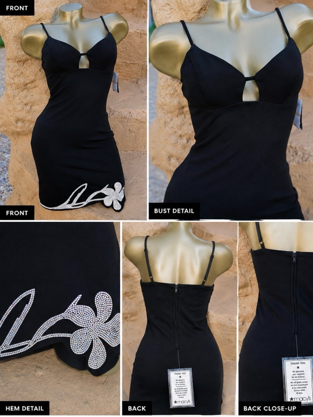City Studio Black Mini Dress with Rhinestone Floral Hem